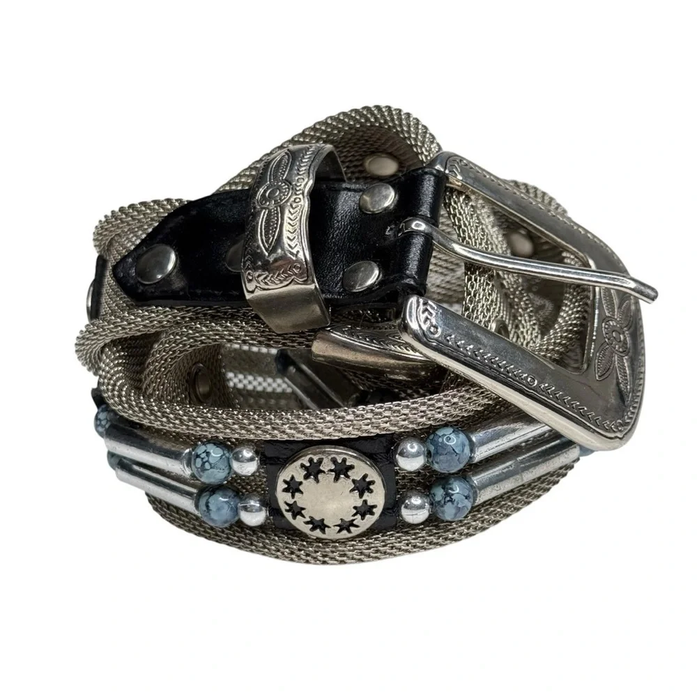 Vintage Metal Belt Beaded Adjustable Silver Rare Western Cowgirl Rodeo Turquoise